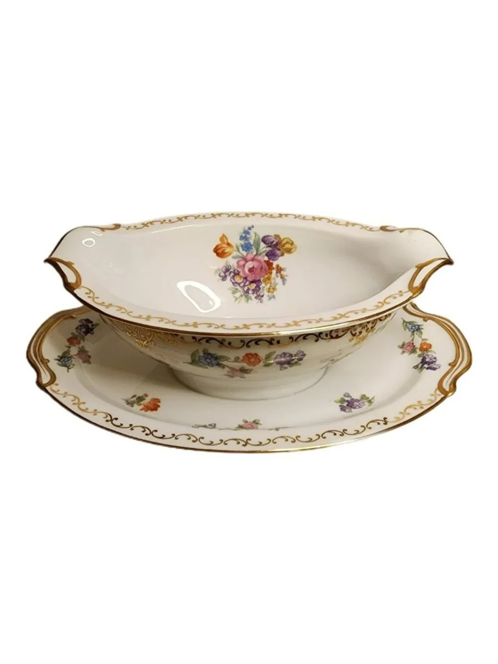 1940 Noritake Morimura Dresita Gravy Boat Attached Underplate Occupied Japan
